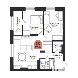 3-к квартира, вторичка, 69м2, 16/26 этаж