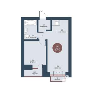 2-к квартира, строящийся дом, 43м2, 6/7 этаж