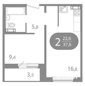 2-к квартира, вторичка, 38м2, 9/10 этаж