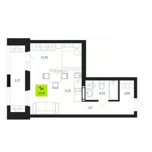 1-к квартира, строящийся дом, 37м2, 3/19 этаж