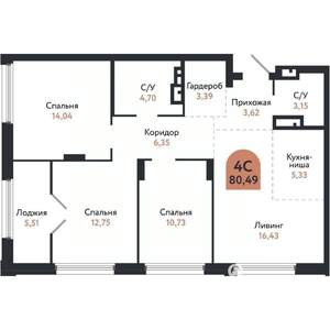 4-к квартира, вторичка, 80м2, 14/26 этаж