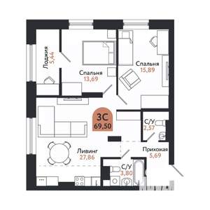 3-к квартира, вторичка, 70м2, 12/26 этаж