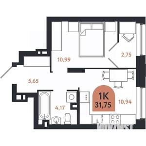 1-к квартира, строящийся дом, 32м2, 2/26 этаж