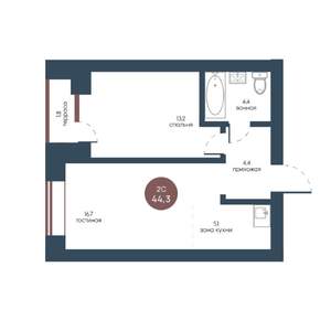 2-к квартира, строящийся дом, 44м2, 7/7 этаж