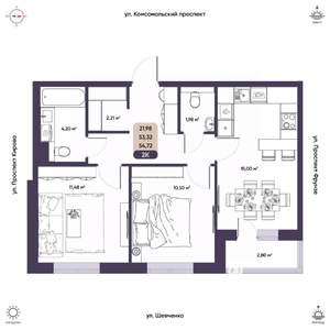 2-к квартира, вторичка, 53м2, 8/9 этаж
