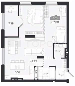1-к квартира, вторичка, 67м2, 26/26 этаж