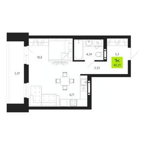 1-к квартира, строящийся дом, 40м2, 16/19 этаж