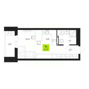 1-к квартира, строящийся дом, 33м2, 4/19 этаж