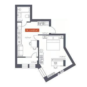 1-к квартира, вторичка, 45м2, 2/7 этаж