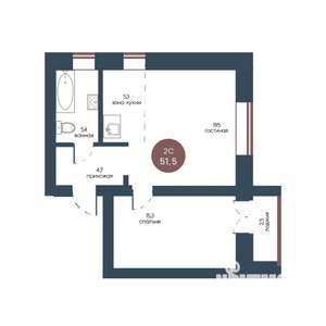 2-к квартира, строящийся дом, 52м2, 3/7 этаж