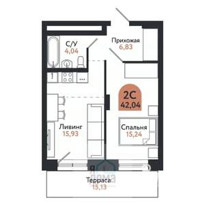 2-к квартира, строящийся дом, 42м2, 1/26 этаж