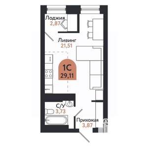 1-к квартира, вторичка, 29м2, 19/26 этаж