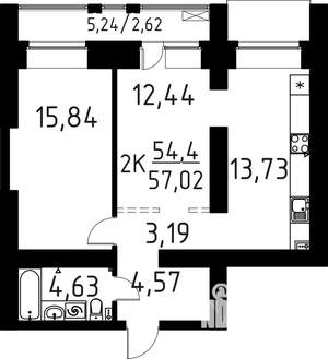 2-к квартира, вторичка, 57м2, 13/16 этаж
