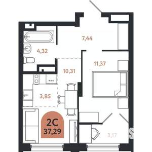 2-к квартира, вторичка, 37м2, 12/26 этаж