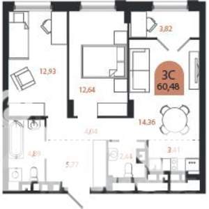 3-к квартира, строящийся дом, 60м2, 4/26 этаж
