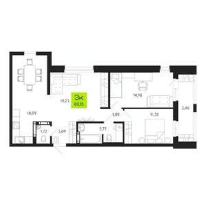 3-к квартира, строящийся дом, 80м2, 19/19 этаж