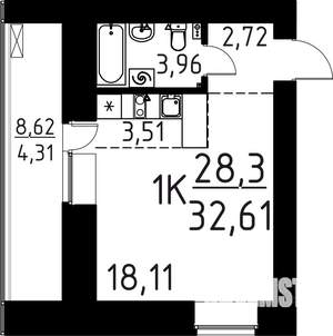 1-к квартира, строящийся дом, 33м2, 7/16 этаж