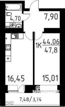 1-к квартира, строящийся дом, 48м2, 11/16 этаж