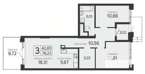 3-к квартира, вторичка, 71м2, 1/23 этаж