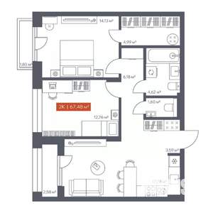 2-к квартира, строящийся дом, 67м2, 6/30 этаж