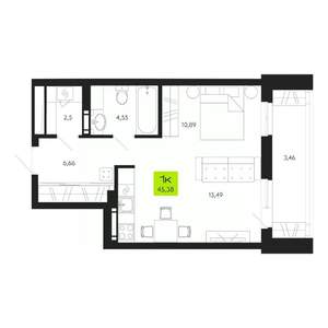 1-к квартира, строящийся дом, 45м2, 14/19 этаж
