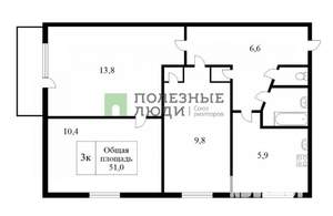 3-к квартира, вторичка, 51м2, 5/5 этаж