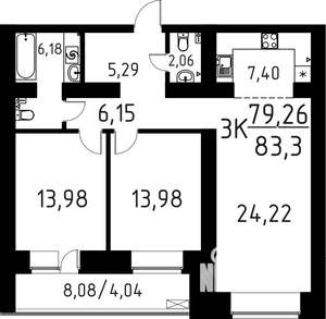 3-к квартира, строящийся дом, 83м2, 12/16 этаж