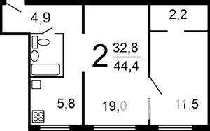 2-к квартира, вторичка, 43м2, 5/5 этаж