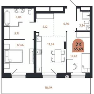 2-к квартира, вторичка, 66м2, 1/26 этаж
