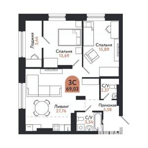 3-к квартира, вторичка, 69м2, 22/26 этаж