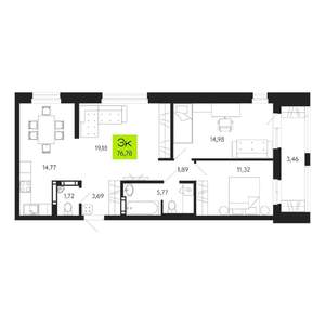3-к квартира, строящийся дом, 77м2, 2/19 этаж