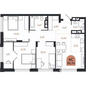 4-к квартира, вторичка, 80м2, 22/26 этаж
