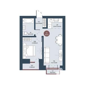 2-к квартира, строящийся дом, 43м2, 5/7 этаж