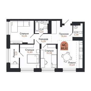 4-к квартира, вторичка, 80м2, 20/26 этаж