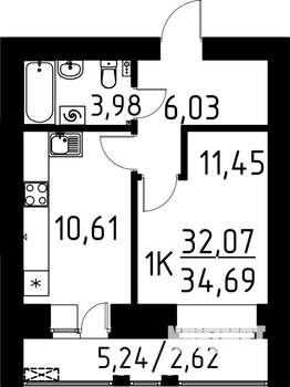 1-к квартира, строящийся дом, 35м2, 8/9 этаж
