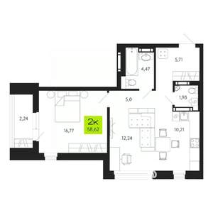 2-к квартира, строящийся дом, 59м2, 14/19 этаж