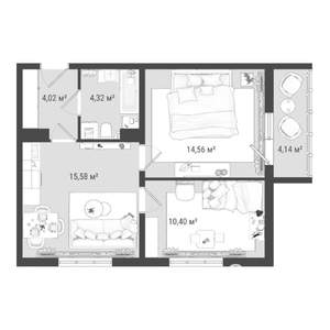 3-к квартира, строящийся дом, 53м2, 14/16 этаж