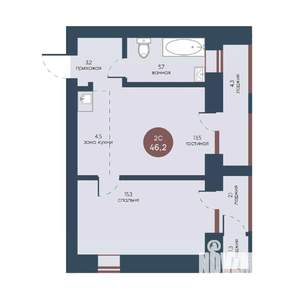 2-к квартира, строящийся дом, 46м2, 6/7 этаж