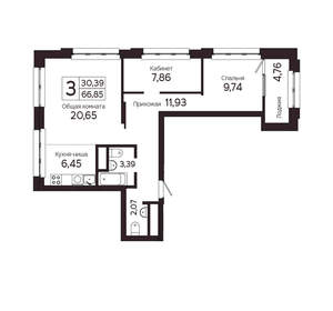 3-к квартира, вторичка, 67м2, 17/23 этаж