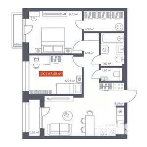 2-к квартира, строящийся дом, 67м2, 4/30 этаж