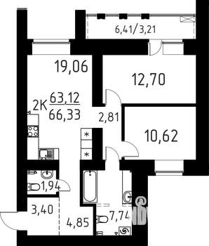 2-к квартира, вторичка, 66м2, 2/16 этаж