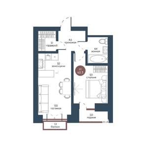 2-к квартира, строящийся дом, 42м2, 6/7 этаж