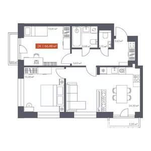 2-к квартира, вторичка, 66м2, 6/10 этаж