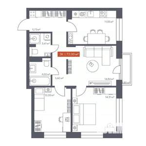 3-к квартира, вторичка, 72м2, 4/10 этаж