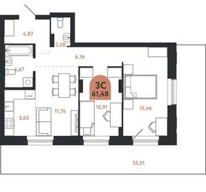 3-к квартира, вторичка, 61м2, 1/26 этаж