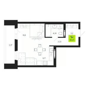 1-к квартира, строящийся дом, 40м2, 3/19 этаж