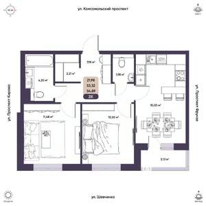 2-к квартира, вторичка, 53м2, 3/9 этаж