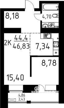 2-к квартира, строящийся дом, 47м2, 12/16 этаж