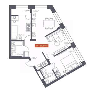 3-к квартира, вторичка, 68м2, 2/7 этаж