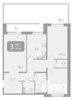 3-к квартира, вторичка, 89м2, 2/10 этаж